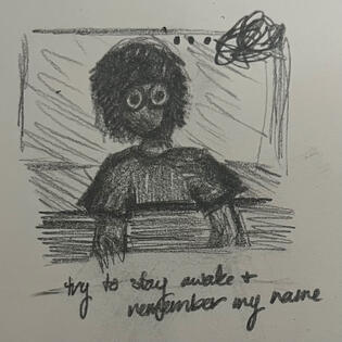 a cartoonish depiction of a person laying wide awake with big eyes in bed captioned with the lyrics “try to stay awake and remember my name” from the song “everybody’s changing” by keane