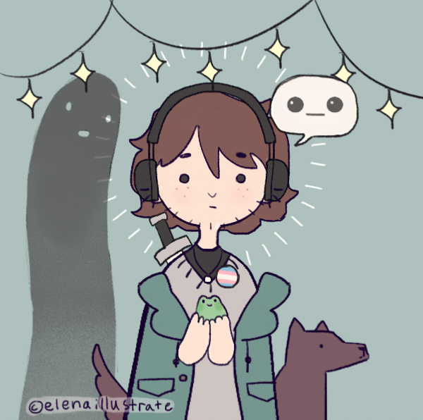 a picrew by @elenaillustrate of a person with brown hair and light skin with freckles. they are wearing headphones and a green hooded jacket over a gray sweater and black shirt with a necklace. they have a trans flag pin and are holding a frog.